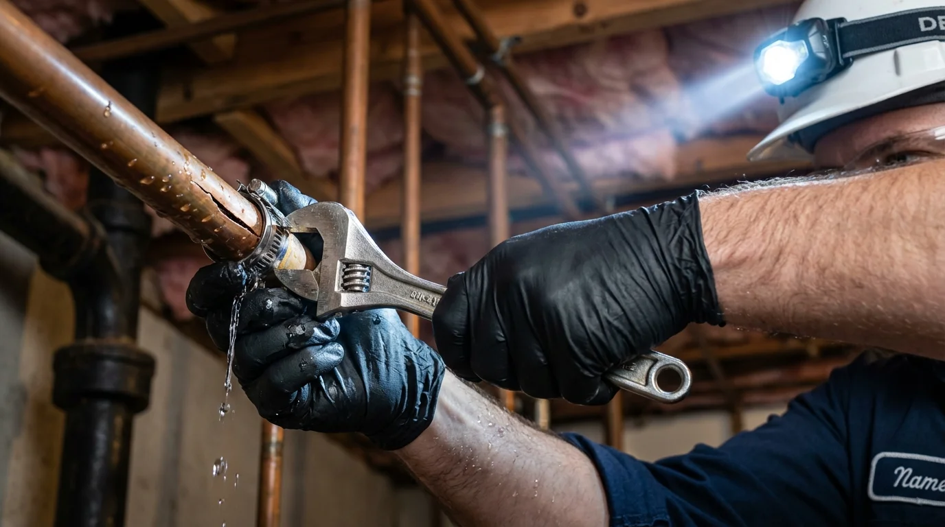 Emergency pipe clamp repair being performed by a Johns Plumbing LLC plumber in Seal Beach