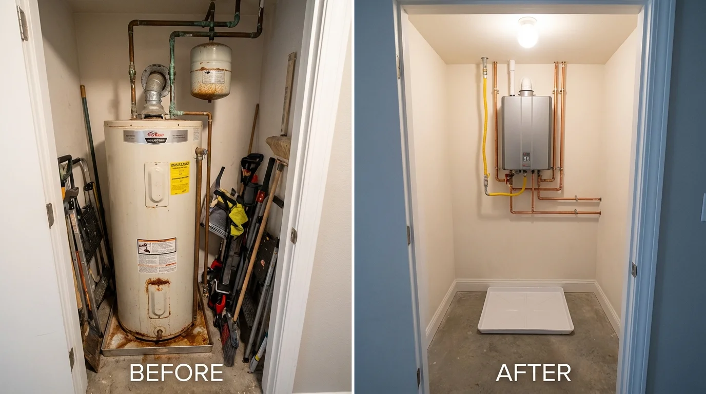 Tank water heater versus wall-mounted tankless unit comparison for Seal Beach, CA homeowners